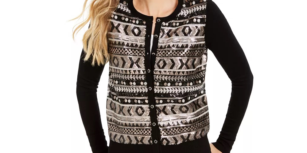 Cardigan feminino Fair Isle com lantejoulas Charter Club, preto, tamanho extragrande