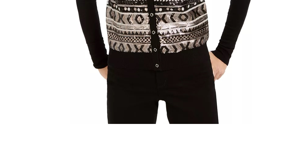 Cardigan feminino Fair Isle com lantejoulas Charter Club, preto, tamanho extragrande
