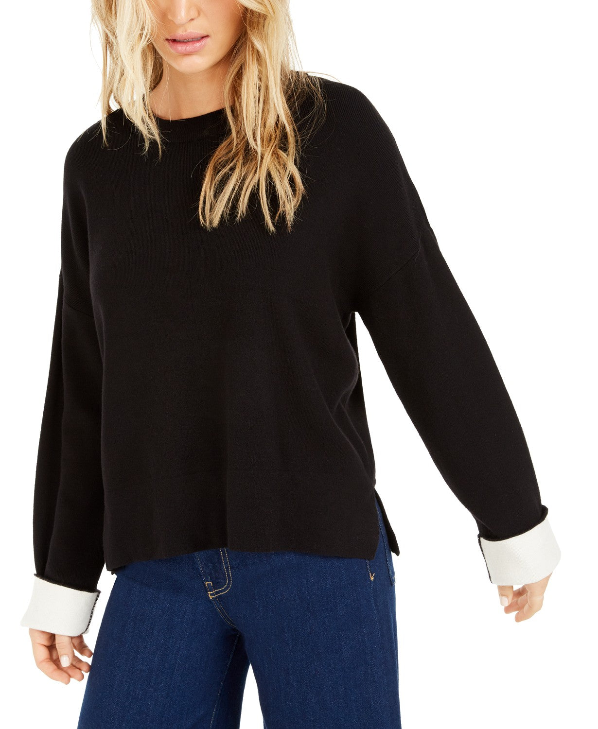 Suéter feminino Bar III com gola redonda e punho contrastante, preto, tamanho pequeno