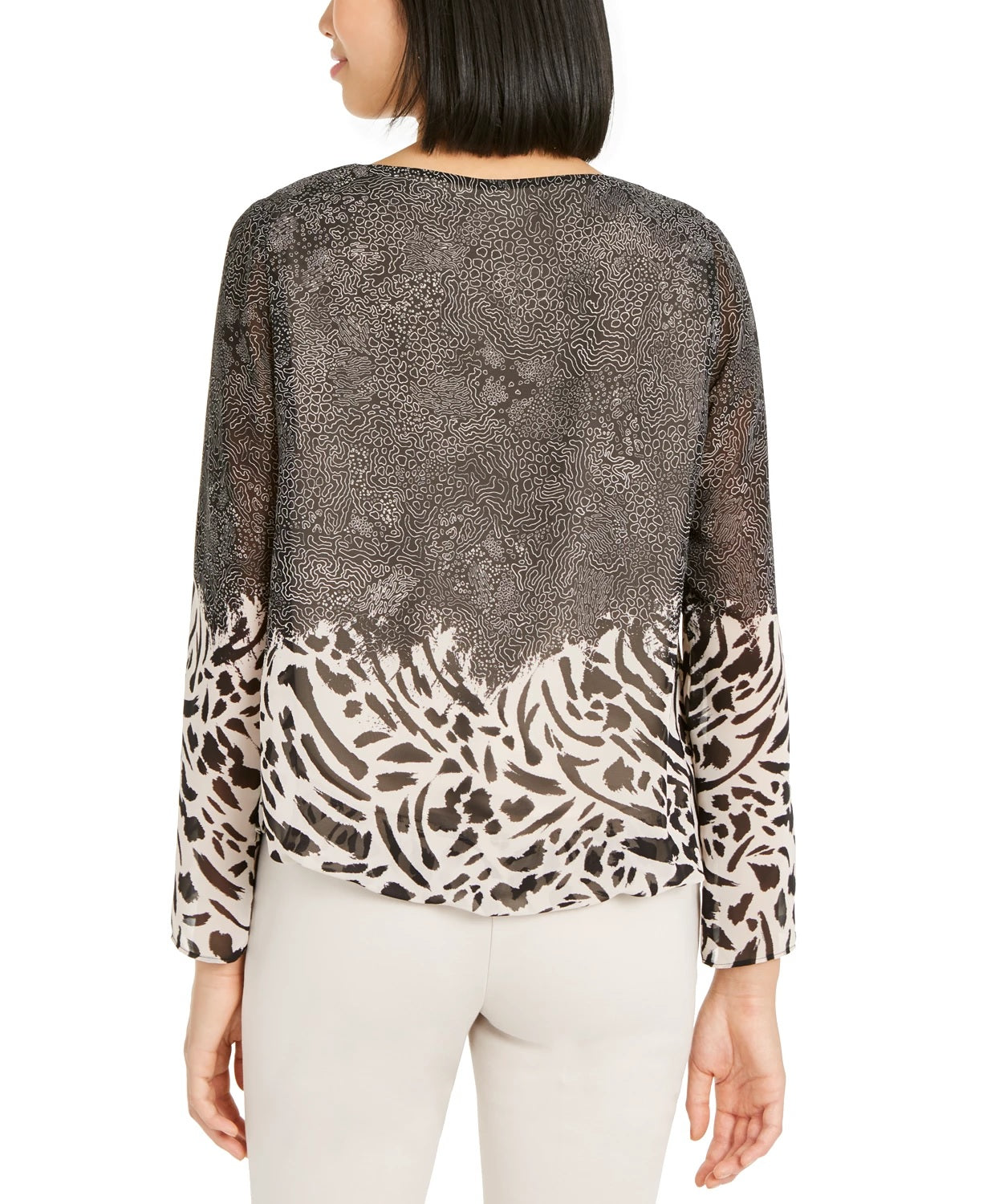 Blusa feminina Alfani com estampa mista e bolhas, preta, tamanho pequeno grande