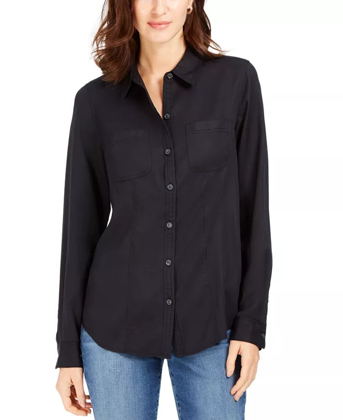 Camisa feminina Charter Club de tencel lisa preta, tamanho extra grande