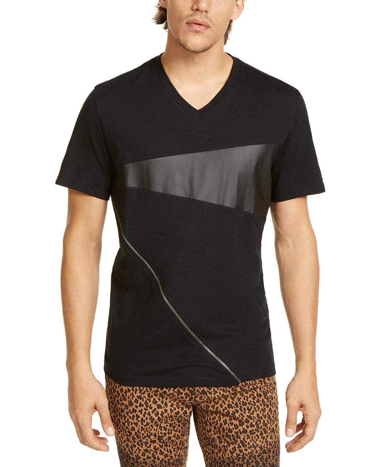 Camiseta masculina com zíper e decote em V, da INC International Concepts, com acabamento em couro sintético, preta, tamanho pequeno