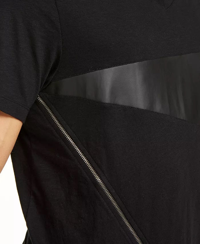 Camiseta masculina com zíper e decote em V, da INC International Concepts, com acabamento em couro sintético, preta, tamanho pequeno