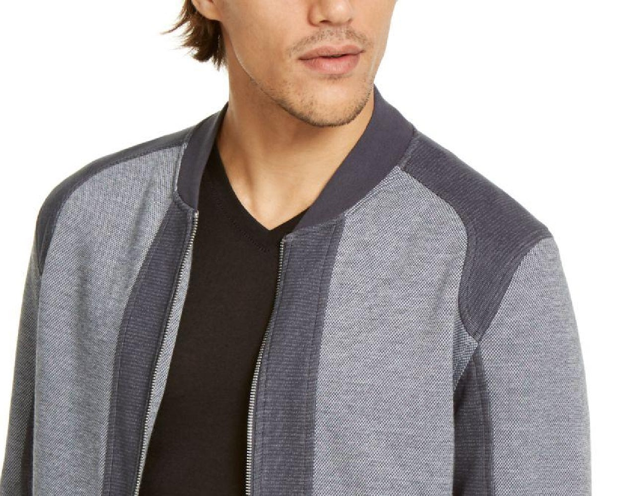 Jaqueta bomber masculina de malha texturizada com blocos de cores e peças da INC International Concepts, cinza, tamanho 3 extra grande