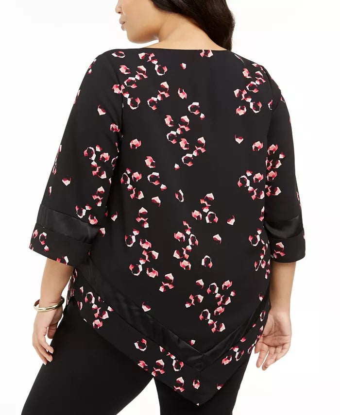 Blusa feminina Alfani estampada com bainha pontuda, preta, tamanho 0X
