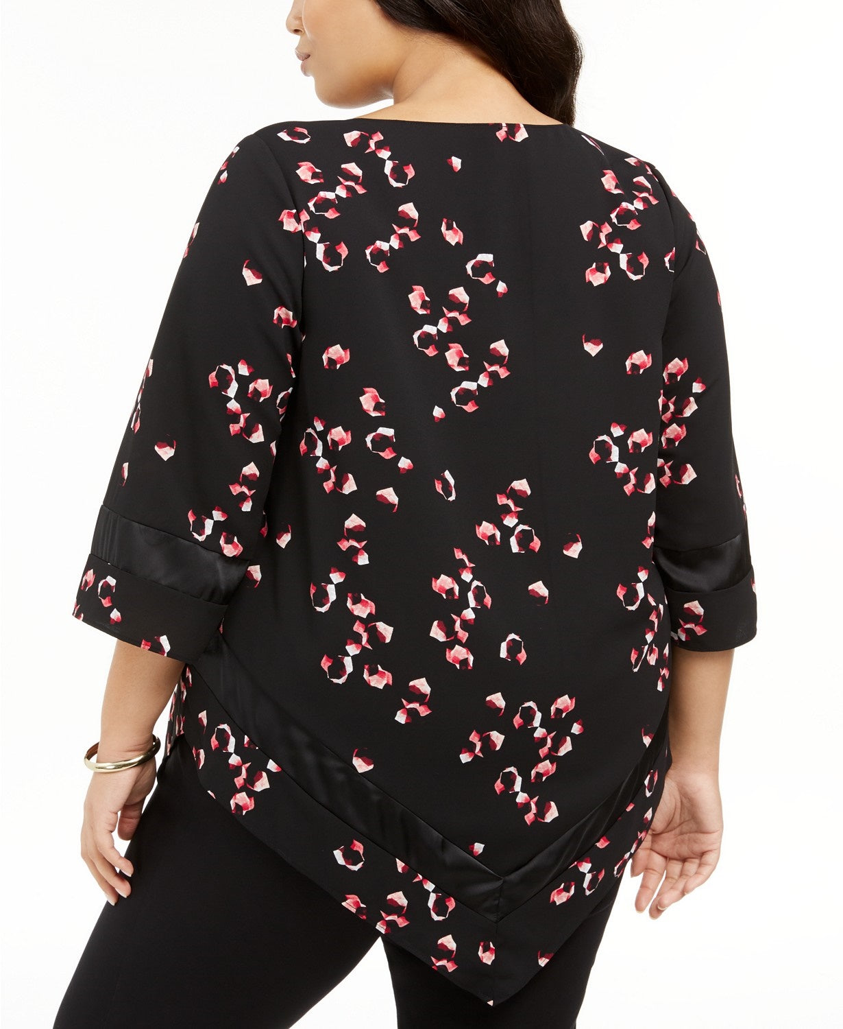 Blusa feminina Alfani com estampa e bainha pontuda, preta, tamanho 2X