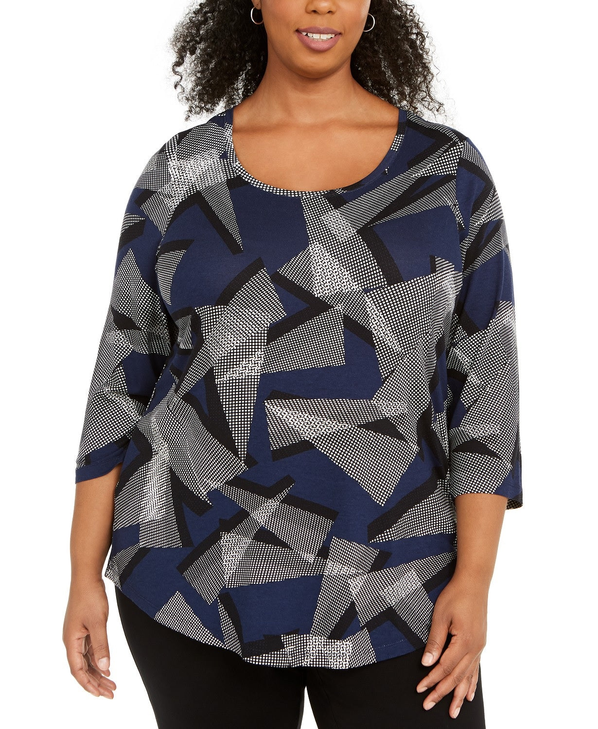 JM Collection Top feminino plus size com decote redondo e estampa azul, tamanho extragrande