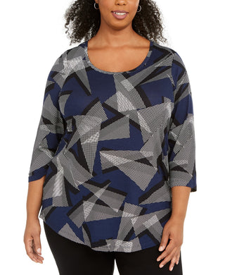 JM Collection Top feminino plus size com decote redondo e estampa azul, tamanho extragrande