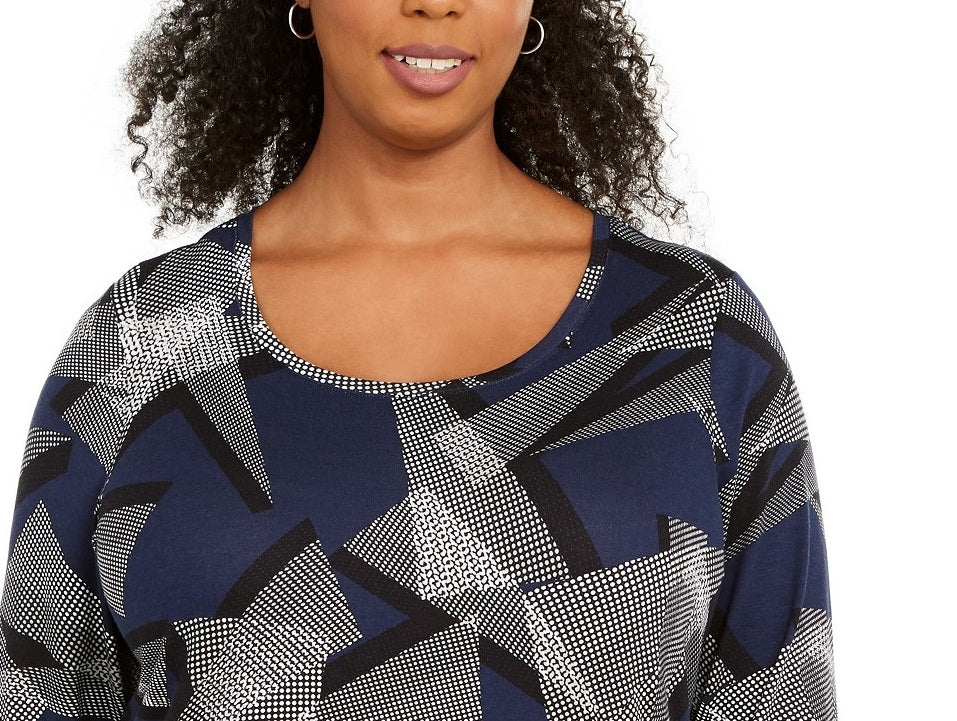 JM Collection Top feminino plus size com decote redondo e estampa azul, tamanho extragrande