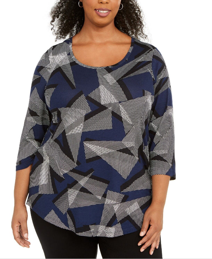 JM Collection Top estampado plus size com decote redondo e tamanho 2 extragrande para mulheres