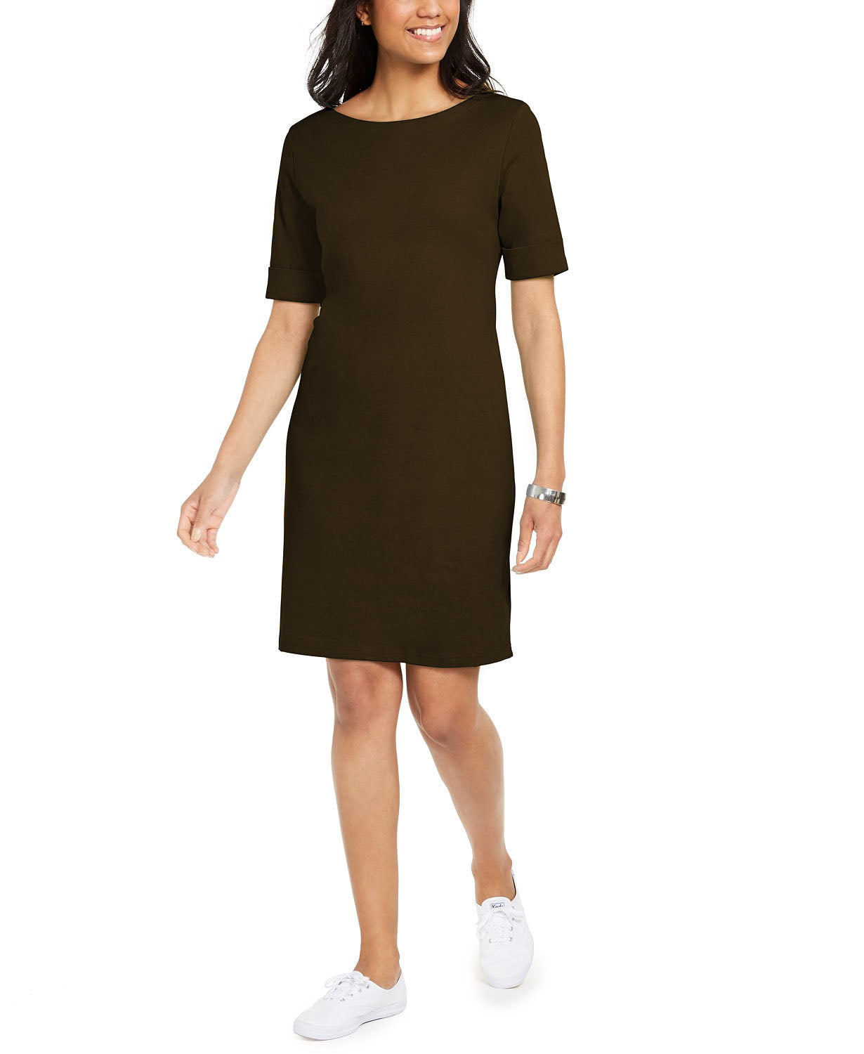 Vestido feminino Karen Scott de algodão com mangas compridas, marrom, tamanho extra pequeno