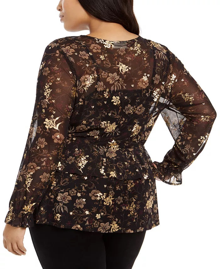 Blusa feminina plus size com estampa floral e babados, preta, tamanho extra grande