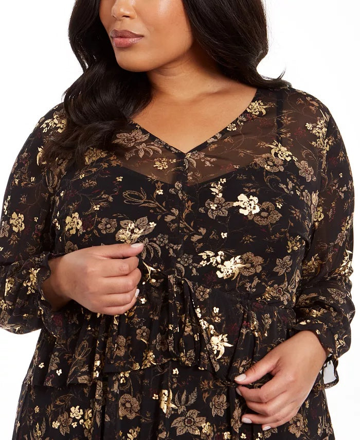Blusa feminina plus size com estampa floral e babados, preta, tamanho extra grande