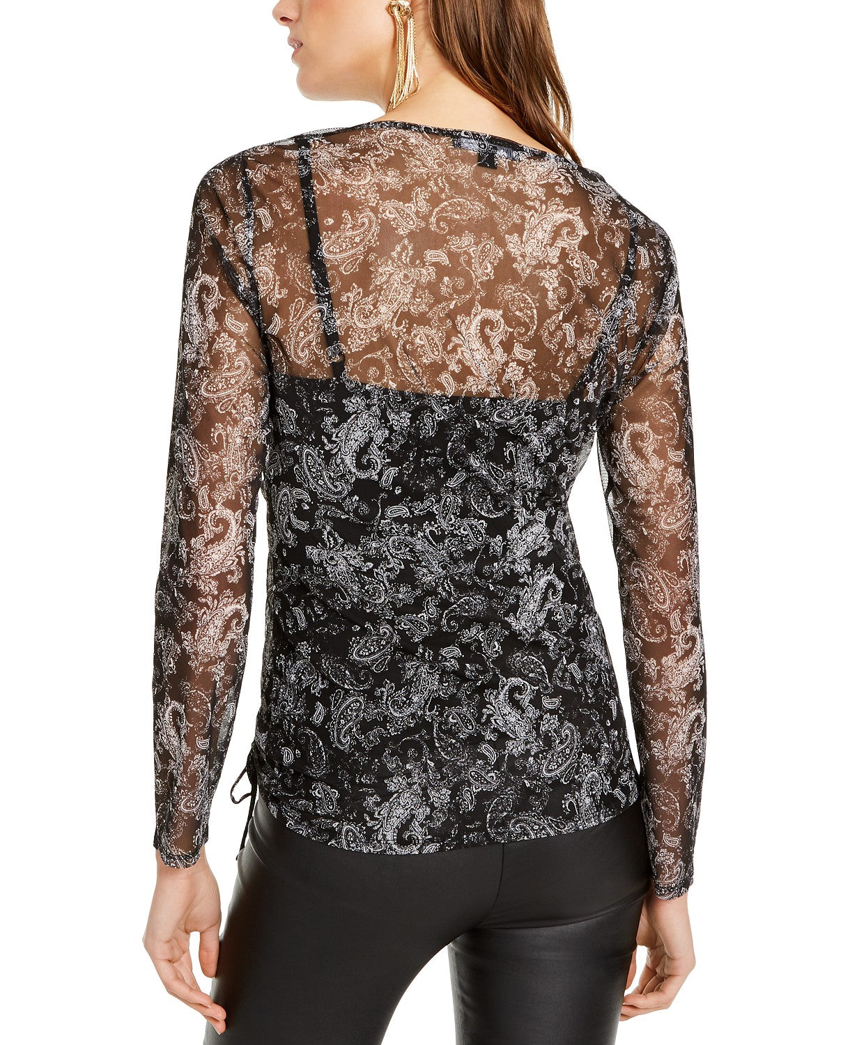 Blusa feminina franzida com bainha amarrada, preta, tamanho médio, da INC International Concepts