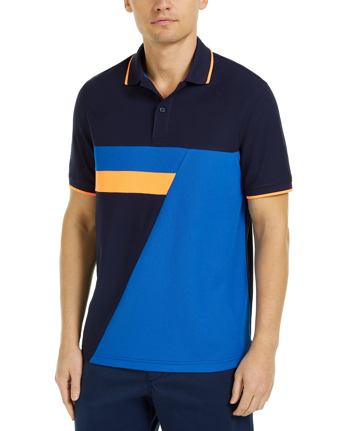 Camisa polo masculina Club Room Colorblocked Performance azul escuro tamanho grande
