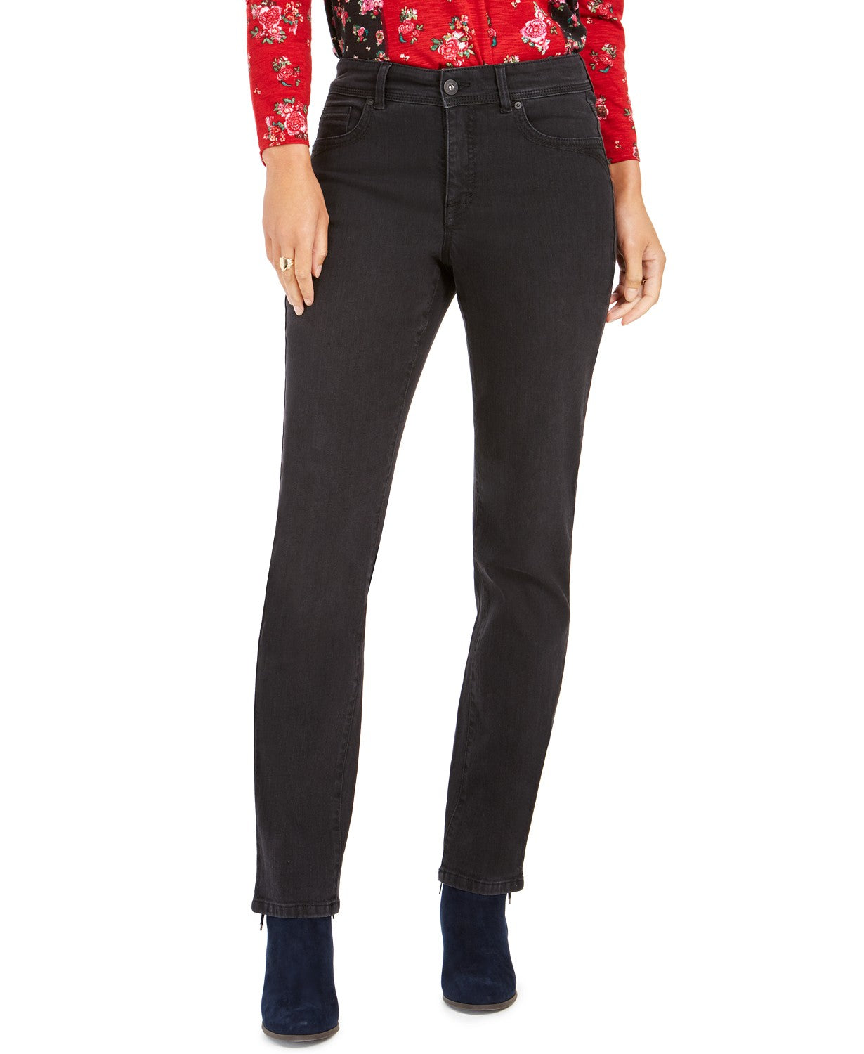 Calça jeans feminina estilo &amp; co com controle de barriga e perna reta, preta, tamanho 14