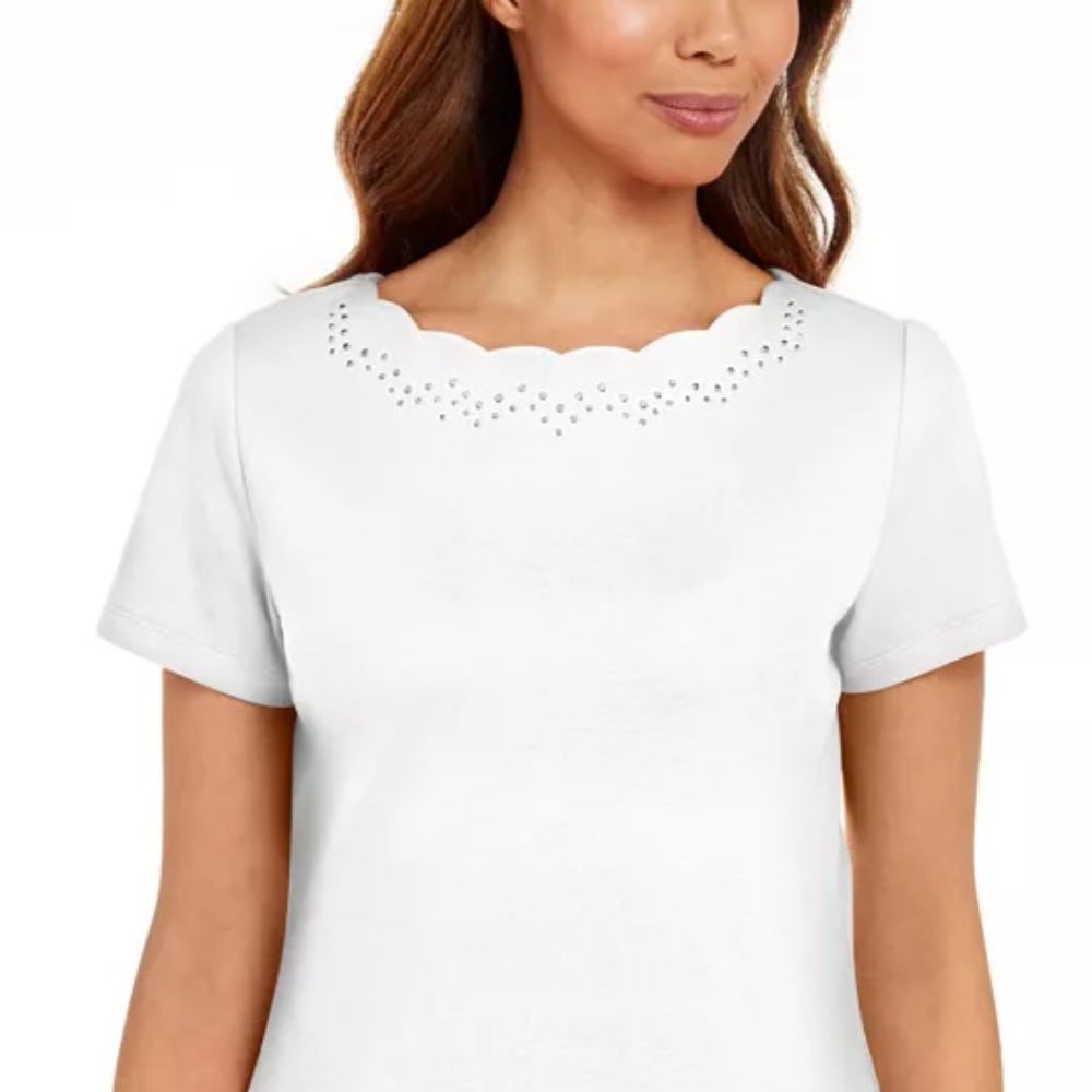 Camiseta feminina Karen Scott de algodão com gola recortada, branca, tamanho médio