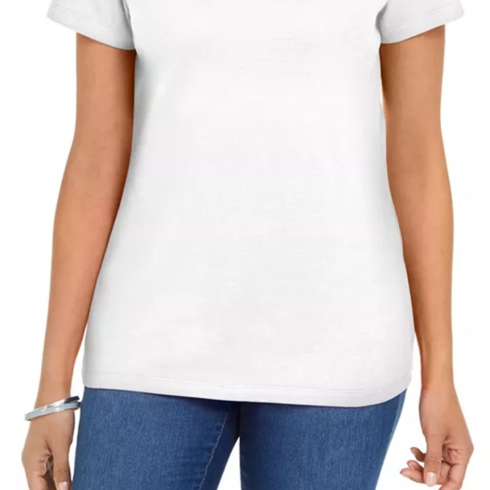 Camiseta feminina Karen Scott de algodão com gola recortada, branca, tamanho médio
