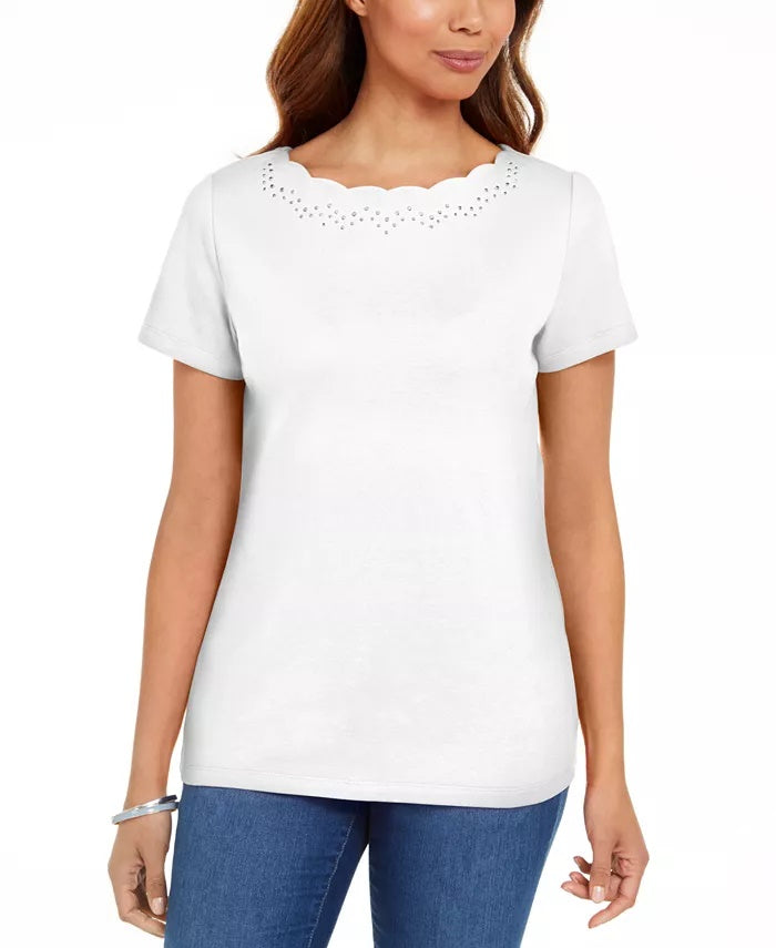 Camiseta feminina Karen Scott de algodão com gola recortada, branca, tamanho médio