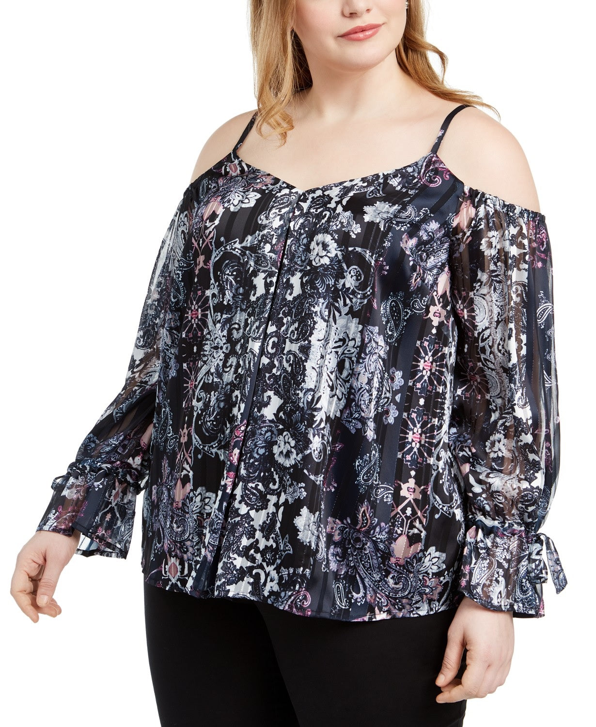 INC International Concepts Top feminino plus size estampado com ombros descobertos, azul marinho, tamanho 2X