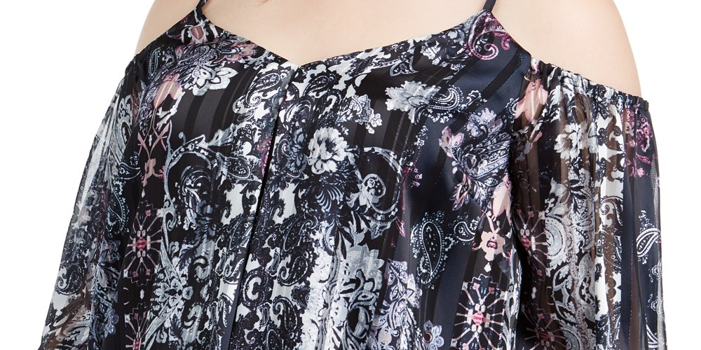INC International Concepts Top feminino plus size estampado com ombros descobertos, azul marinho, tamanho 2X