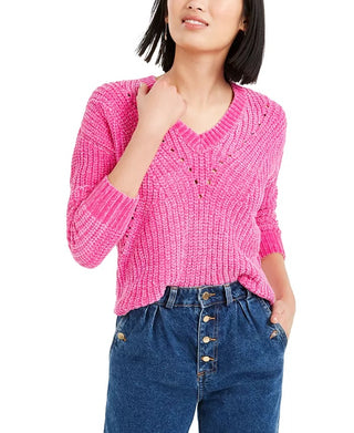 Bar III Women's Chenille V-Neck Sweater Pink Size Extra Large