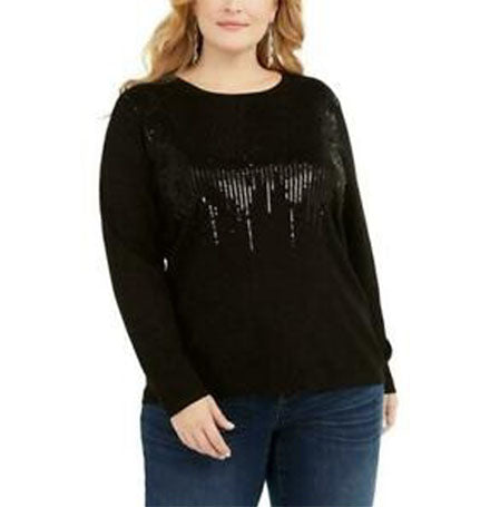 Suéter feminino plus size com lantejoulas e gola redonda, preto, tamanho 0X, da INC International Concepts
