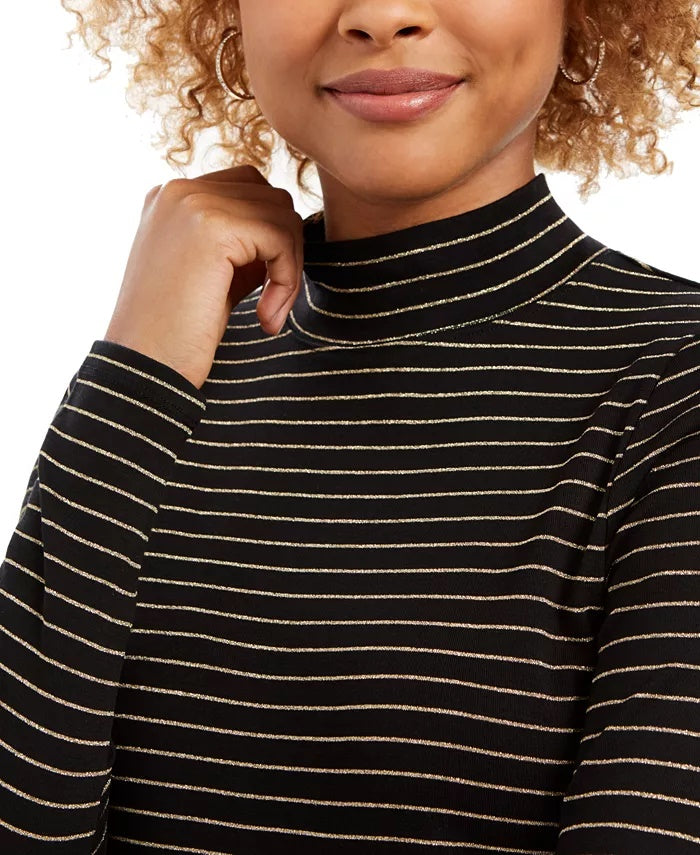 Blusa feminina listrada com gola alta Charter Club, preta, tamanho grande