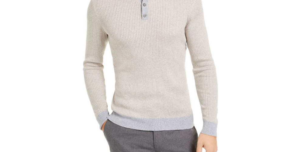 Camisa Henley listrada luxuosa masculina Tasso Elba, bege, tamanho extragrande