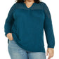 Blusa feminina plus size de crochê com manga comprida e acabamento em crochê, azul-petróleo, tamanho 1X