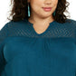 Blusa feminina plus size de crochê com manga comprida e acabamento em crochê, azul-petróleo, tamanho 1X