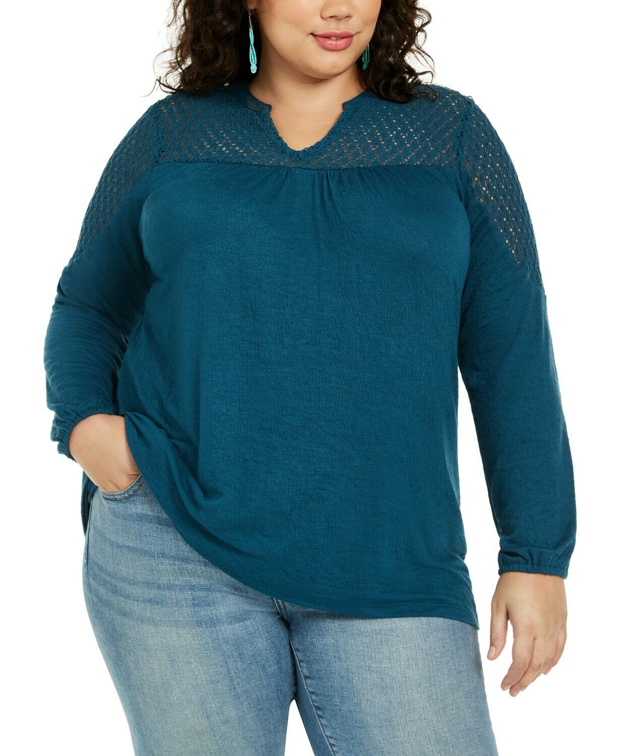 Blusa feminina plus size de crochê com manga comprida e acabamento em crochê, azul-petróleo, tamanho 2X