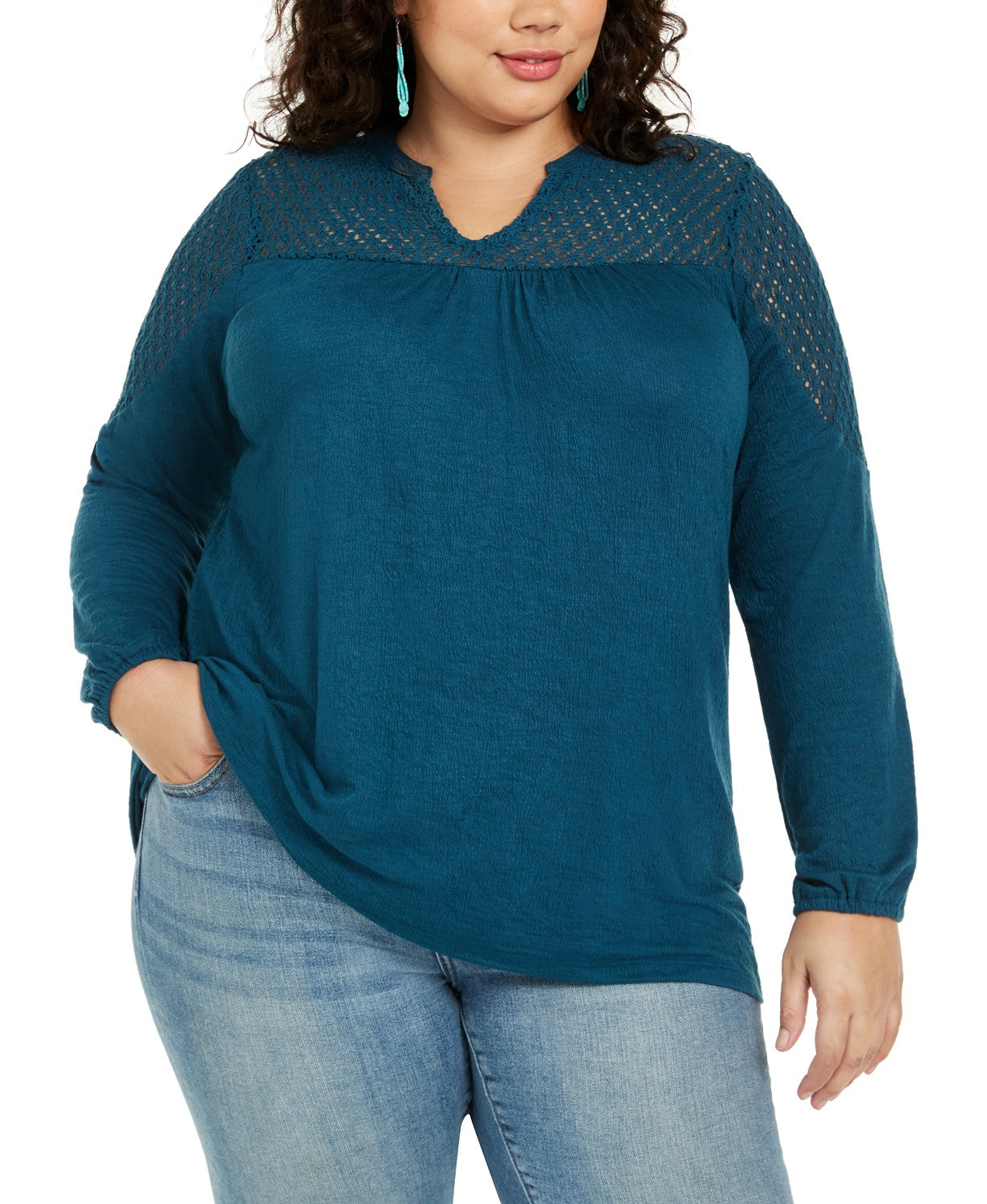 Top feminino plus size com acabamento em crochê estilo &amp; co, azul, tamanho XXX-G