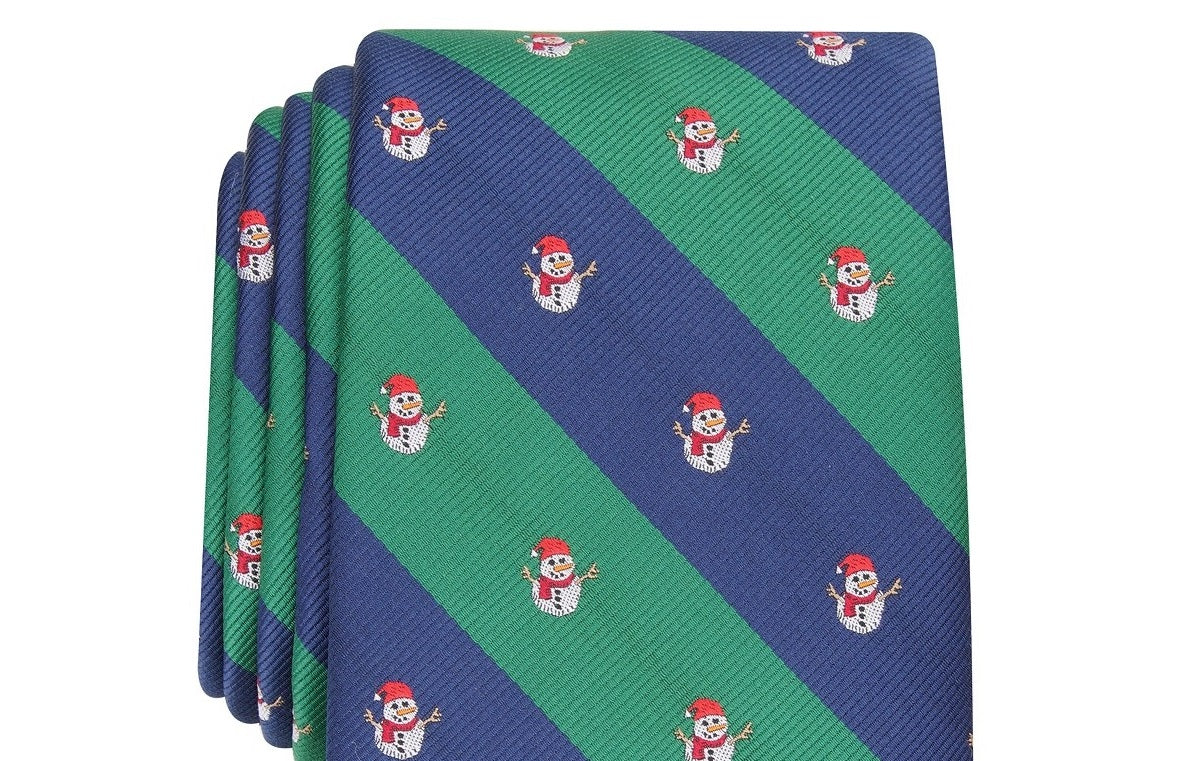 Gravata listrada clássica masculina com boneco de neve, verde, tamanho regular