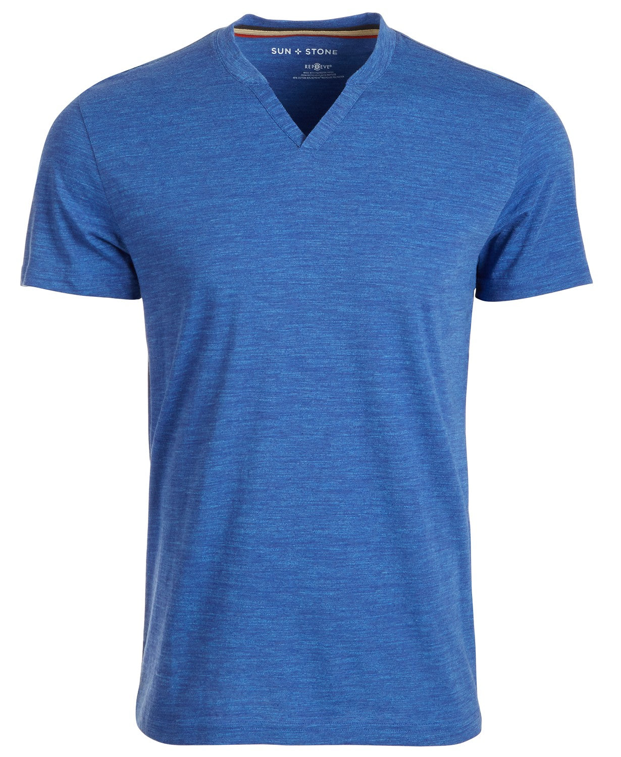 Camiseta masculina Sun + Stone Eden com gola dividida, azul, tamanho médio
