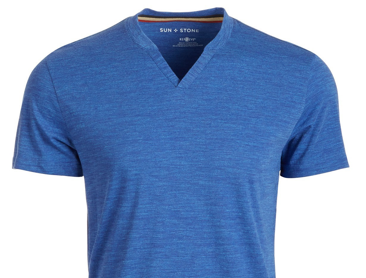 Camiseta masculina Sun + Stone Eden com gola dividida, azul marinho, tamanho pequeno