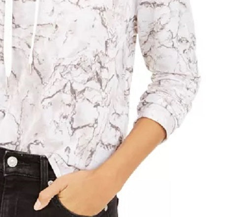 Bar III Moletom com capuz feminino com estampa de mármore, branco, tamanho grande