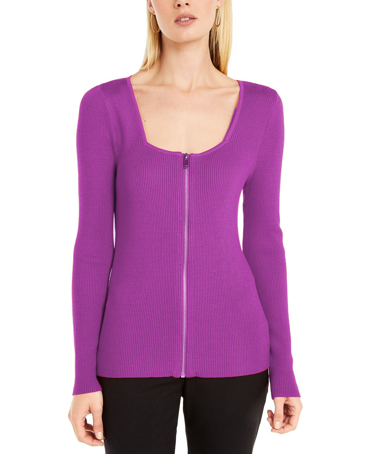 Suéter feminino com gola quadrada e zíper frontal, tamanho extra grande, da INC International Concepts