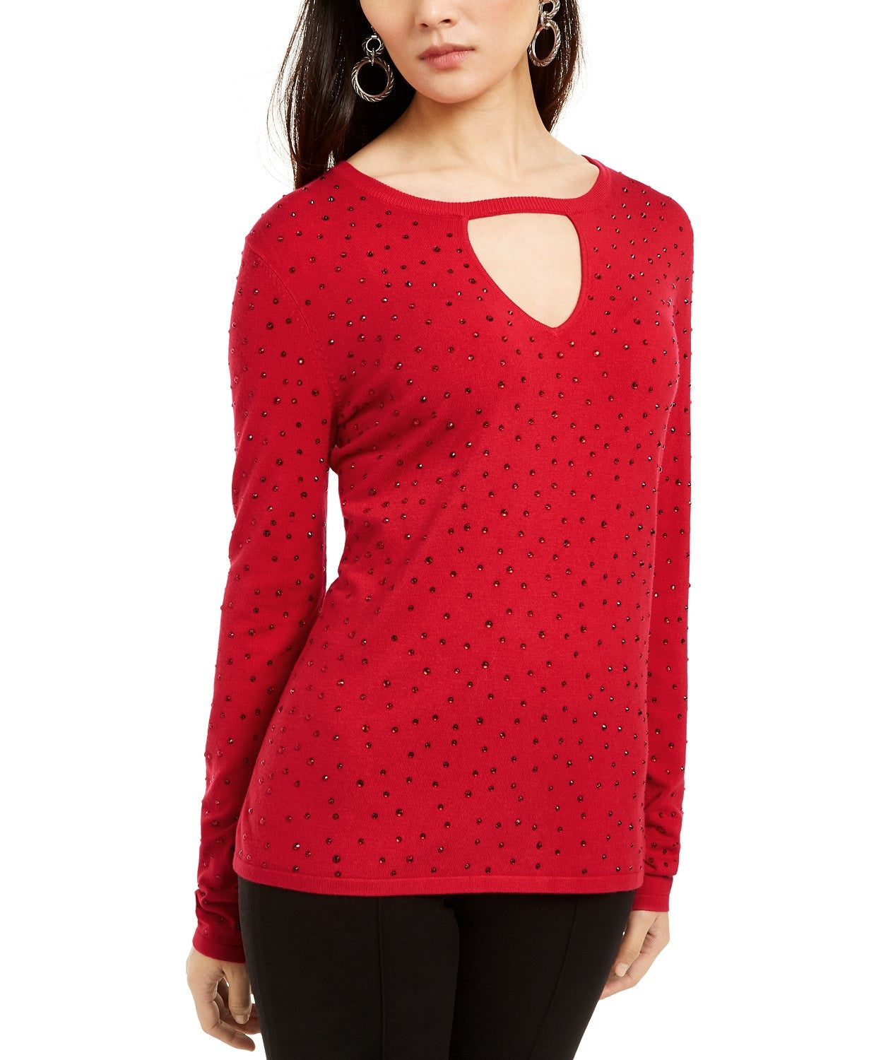 Suéter feminino com decote em V e botões da INC International Concepts, tamanho médio, vermelho