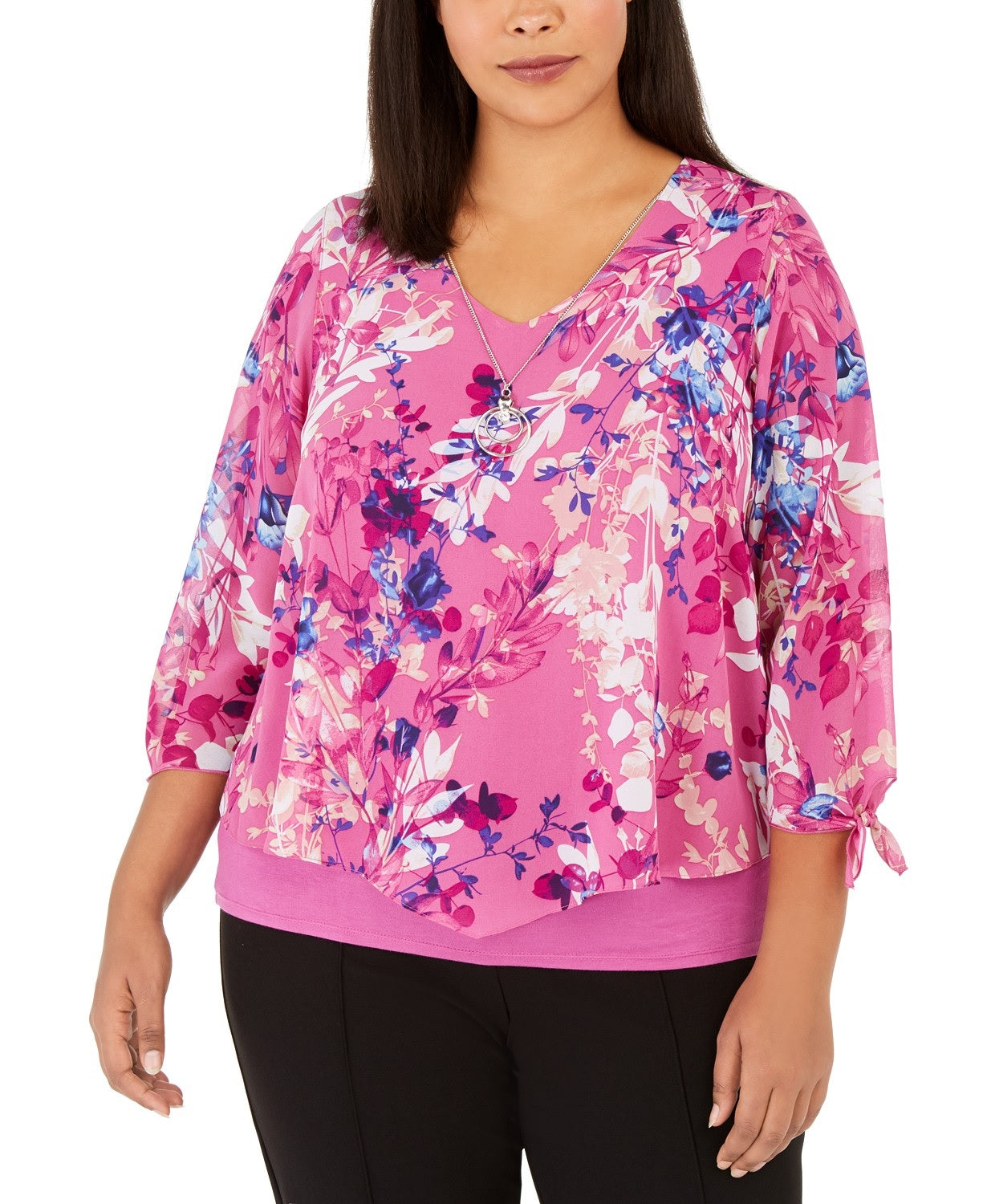 JM Collection Top feminino plus size estampado em camadas com colar rosa tamanho 3 extra grande