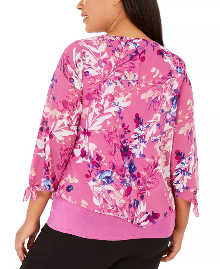JM Collection Top feminino plus size estampado em camadas com colar rosa tamanho 3 extra grande