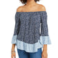 Blusa feminina estampada ombro a ombro/ombro a ombro, tamanho médio, azul, estilo &amp; co