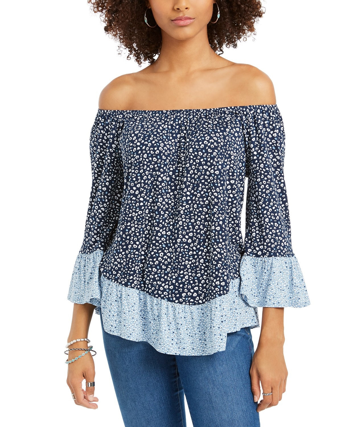 Blusa feminina estampada ombro a ombro/ombro a ombro, tamanho médio, azul, estilo &amp; co