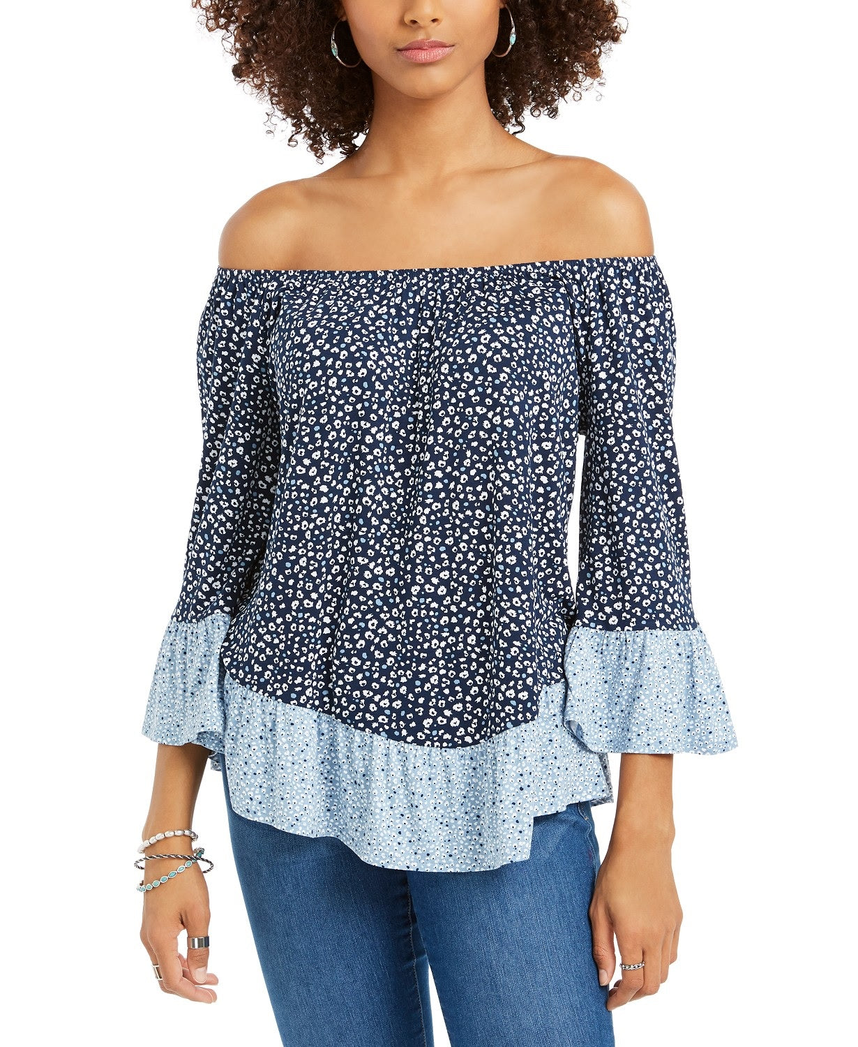 Blusa feminina estampada ombro a ombro/ombro a ombro, tamanho P, azul, estilo Style &amp; Co