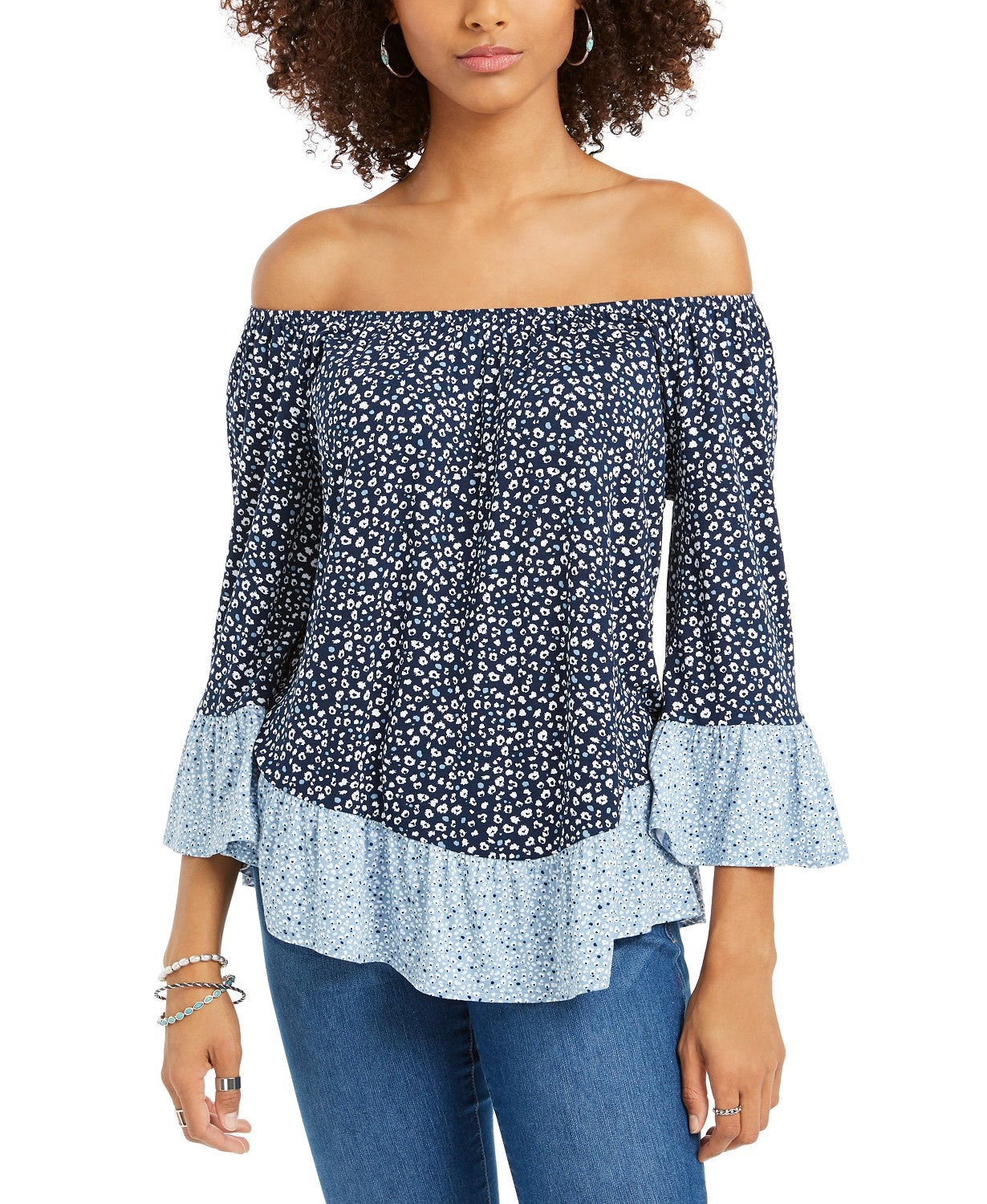 Blusa feminina estampada ombro a ombro/ombro a ombro, tamanho grande, azul, estilo &amp; co