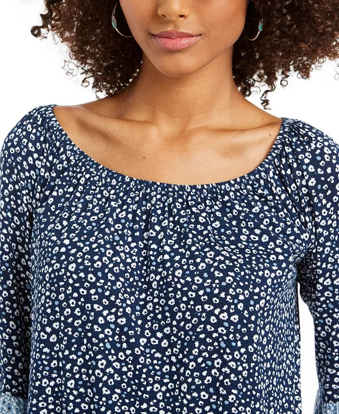 Blusa feminina estampada ombro a ombro/ombro a ombro, tamanho grande, azul, estilo &amp; co
