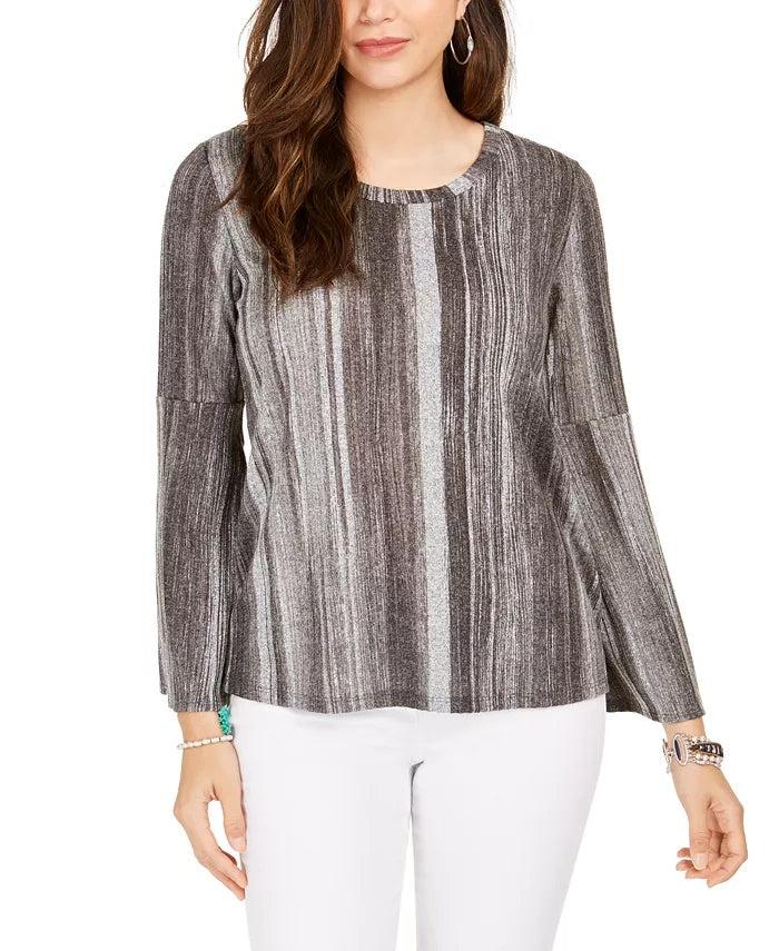 Blusa listrada com manga sino feminina Style &amp; Co, preta, tamanho médio