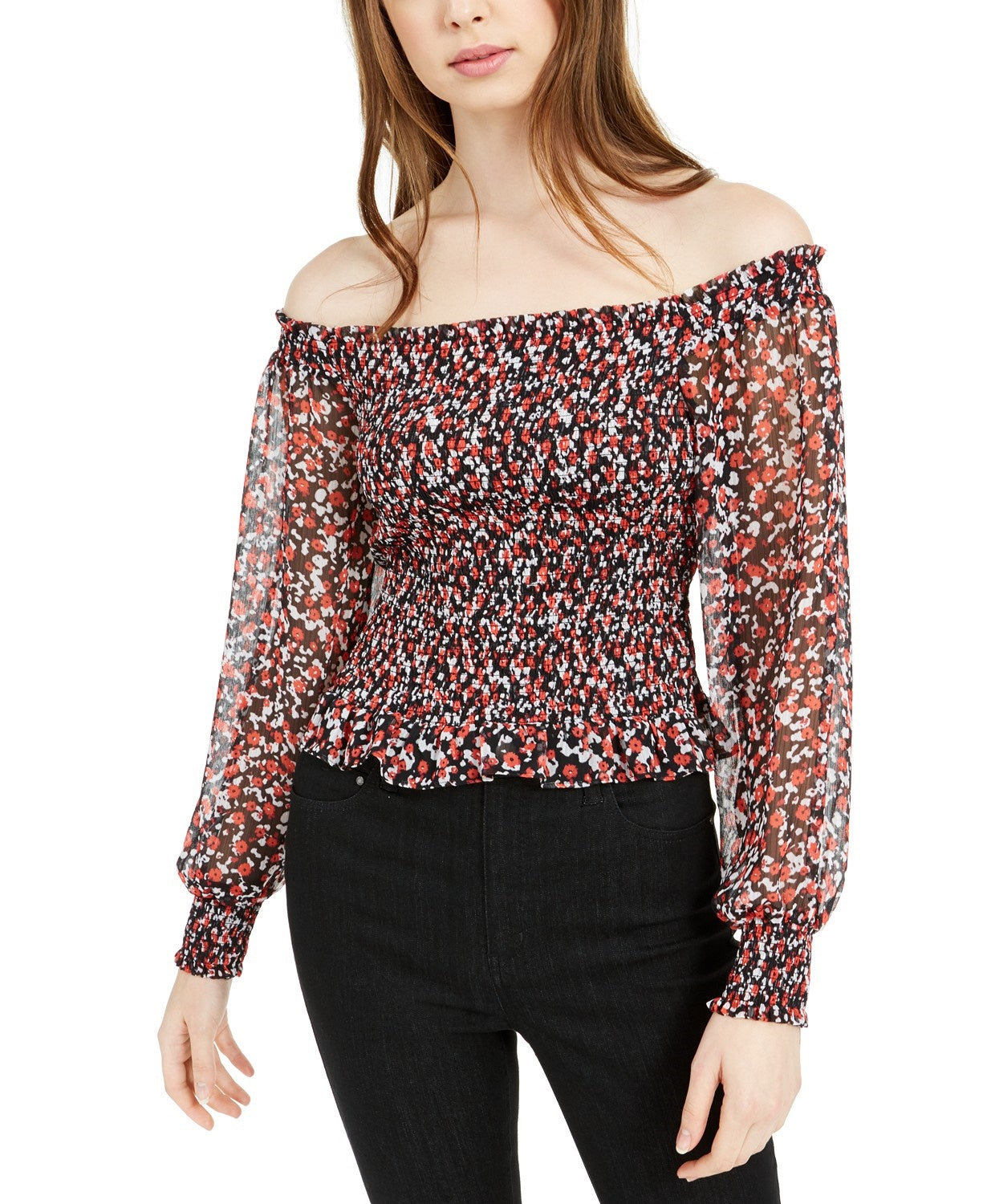 Blusa feminina Bar III com babados e ombros à mostra, preta, tamanho grande