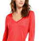 INC International Concepts Top Feminino com Decote em V e Brilho Enfeitado Vermelho Escuro Tamanho Médio