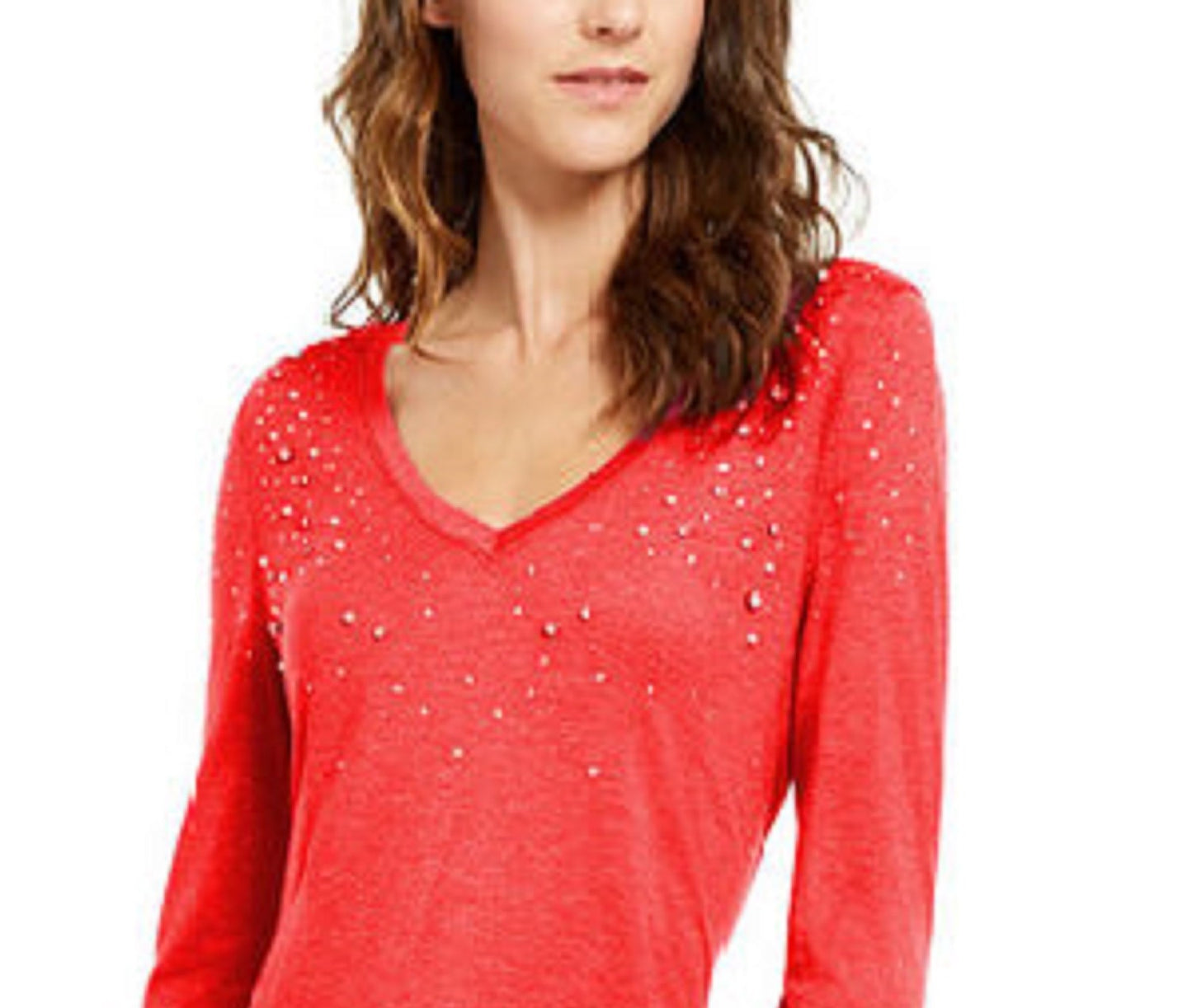 INC International Concepts Top Feminino com Decote em V e Brilho Enfeitado Vermelho Escuro Tamanho Médio